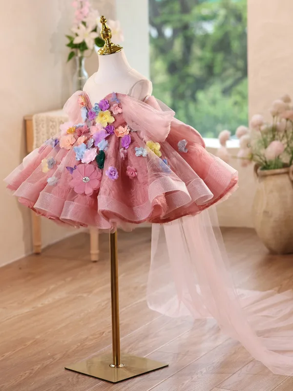 Flower Fairy Candy Pink Pearl Appliques Short Birthday Flower Girl Dresses 2025 Ball Gown Off-The-Shoulder Short Sleeve Backless Bow Tulle