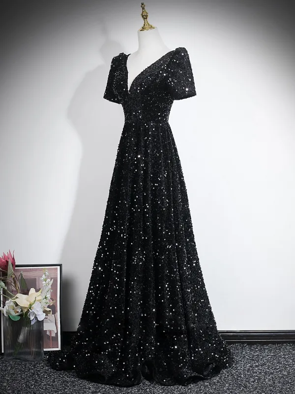 Éclatant Bordeaux Paillettes Robe De Soirée 2026 Princesse V-Cou Manches Courtes Dos Nu Longue