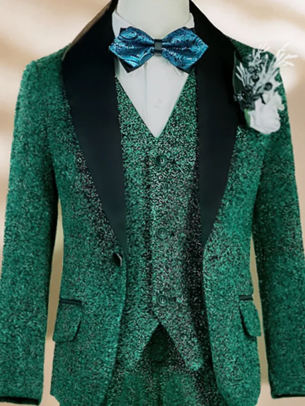 Fall Winter Glitter Dark Green Birthday Long Sleeve 6-piece Boys Wedding Suits 2025 Body Jewellery Coat Pants Shirt Tie Vest