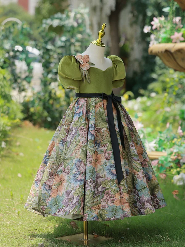 Chic / Belle Vert Cendré Impression Noeud Ceinture Anniversaire Robe Ceremonie Fille 2023 Princesse Encolure Carrée Gonflée Manches Courtes Longue