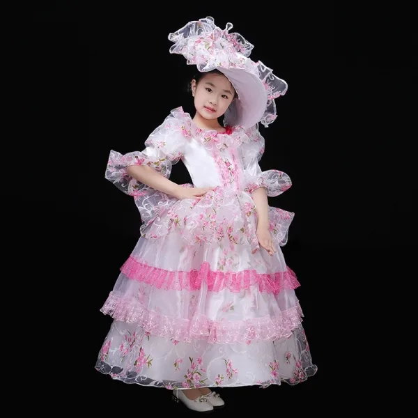 Vintage / Retro Medieval Blushing Pink Flower Girl Dresses 2024 3D Lace Printing Floral Floor-Length / Long Lace Scoop Neck 1/2 Sleeves Cosplay Prom Ball Gown Wedding Party Dresses