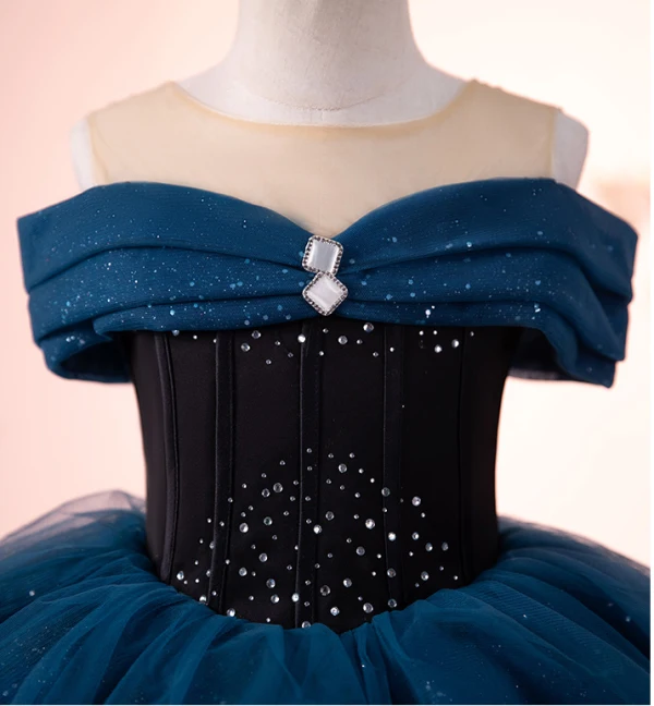 Elegant Navy Blue Sequins Rhinestone Birthday Flower Girl Dresses 2023 Ball Gown Scoop Neck Sleeveless Backless Floor-Length / Long