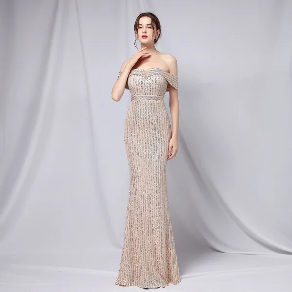 Charming Black Gold Sequins Evening Dresses 2022 Trumpet / Mermaid Off-The-Shoulder Short Sleeve Backless Floor-Length / Long Evening Party Formal Dresses