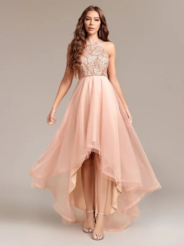 Chic / Beautiful Gold Sequins Asymmetrical Prom Dresses 2024 A-Line / Princess High Neck Sleeveless Tulle Prom Formal Dresses