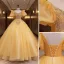 Elegant Yellow Prom Dresses 2022 Ball Gown Scoop Neck Puffy Short Sleeve Beading Pearl Sequins Backless Floor-Length / Long Prom Formal Dresses