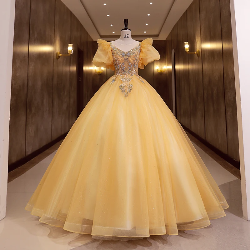 Elegant Yellow Prom Dresses 2022 Ball Gown Scoop Neck Puffy Short Sleeve Beading Pearl