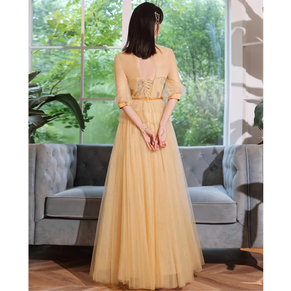 Modest / Simple Champagne Lace Flower Bridesmaid Dresses 2023 A-Line / Princess Short Sleeve Backless Floor-Length / Long Bridesmaid Dresses