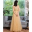 Modest / Simple Champagne Lace Flower Bridesmaid Dresses 2023 A-Line / Princess Short Sleeve Backless Floor-Length / Long Bridesmaid Dresses