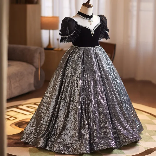 Sparkly Black Rhinestone Sequins Birthday Flower Girl Dresses 2026 Ball Gown Square Neckline Short Sleeve Backless Floor-Length / Long