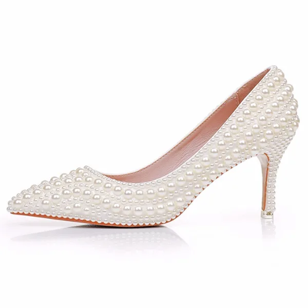 Elegante Abrikoos / Beige Parel Huwelijk Pumps Hoge Hakken 2025 7 cm Naaldhakken / Stiletto Spitse Neus Bruidsschoenen