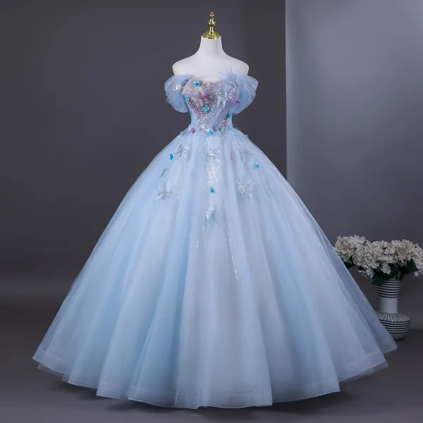 Charmant Bleu Ciel Perlage Paillettes Appliques Robe De Bal 2025 Robe Boule De l'épaule Manches Courtes Dos Nu Longue Robe De Ceremonie