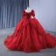Luxury / Gorgeous Red Handmade  Beading Sequins Lace Flower Prom Dresses 2024 Ball Gown Square Neckline Long Sleeve Backless Chapel Train Prom Formal Dresses