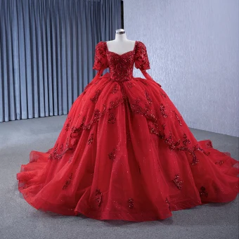 Luxury Gorgeous Red Handmade Beading Sequins Lace Flower Prom Dresses 2024 Ball Gown Square Neckline Long Sleeve Backless Chapel Train Prom Formal Dresses