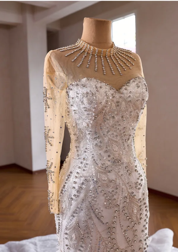 Luxury / Gorgeous White Handmade  Beading Pearl Rhinestone Sequins Wedding Dresses 2026 Trumpet / Mermaid Scoop Neck Long Sleeve Backless Chapel Train