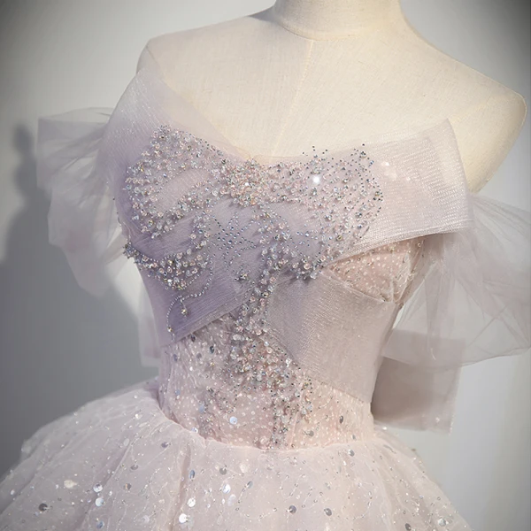 Glitzernden Charmant Lavendel Perlenstickerei Pailletten Fallende Rüsche Ballkleider 2023 A Linie Off Shoulder Ärmellos Rückenfreies Lange Ball Festliche Kleider