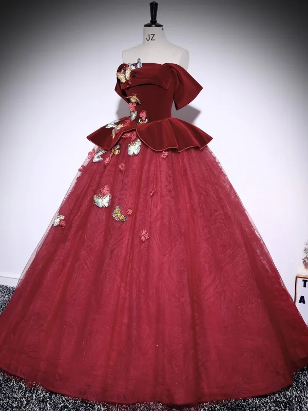 Vintage / Retro Burgundy Lace Butterfly Appliques Prom Dresses 2025 Ball Gown Off-The-Shoulder Short Sleeve Backless Floor-Length / Long Formal Dresses