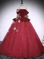 Vintage / Retro Burgundy Lace Butterfly Appliques Prom Dresses 2025 Ball Gown Off-The-Shoulder Short Sleeve Backless Floor-Length / Long Formal Dresses