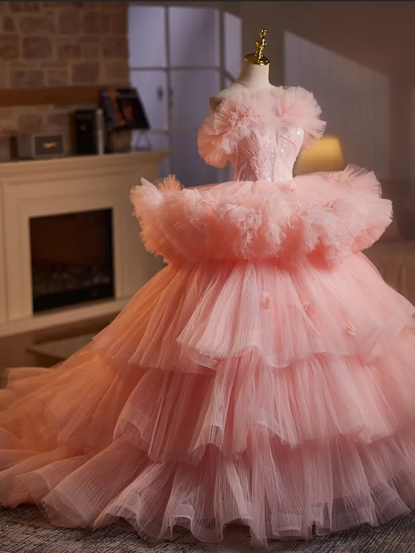 Charmant Perle Rose Volants en Cascade Perlage Paillettes Volants Robe De Bal 2025 Robe Boule Bustier Sans Manches Dos Nu Train De Balayage Tulle Promo Robe De Ceremonie
