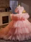 Charmant Perle Rose Volants en Cascade Perlage Paillettes Volants Robe De Bal 2025 Robe Boule Bustier Sans Manches Dos Nu Train De Balayage Tulle Promo Robe De Ceremonie