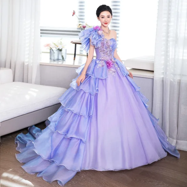 Elegant Lavender Pearl Lace Flower Appliques Cascading Ruffles Prom Dresses 2024 Ball Gown One-Shoulder Short Sleeve Backless Sweep Train Prom Formal Dresses