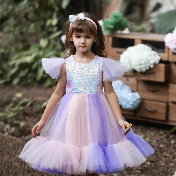 Lovely Sky Blue Sequins Birthday Flower Girl Dresses 2023 Ball Gown Scoop Neck Short Sleeve Bow Floor-Length / Long Flower Girl Dresses
