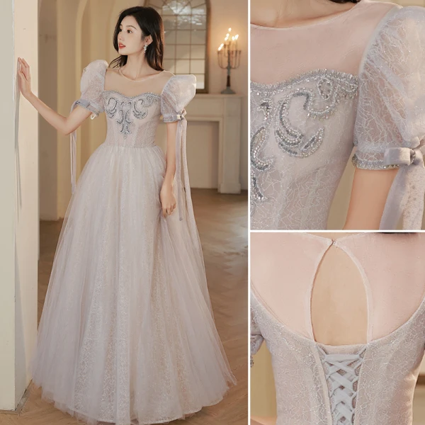 Chic / Beautiful Grey Beading Glitter Evening Dresses 2023 A-Line / Princess Scoop Neck Short Sleeve Backless Floor-Length / Long Evening Party Formal Dresses