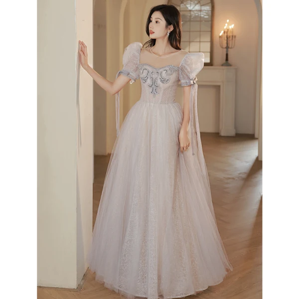 Chic / Beautiful Grey Beading Glitter Evening Dresses 2023 A-Line / Princess Scoop Neck Short Sleeve Backless Floor-Length / Long Evening Party Formal Dresses