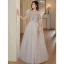 Chic / Beautiful Grey Beading Glitter Evening Dresses 2023 A-Line / Princess Scoop Neck Short Sleeve Backless Floor-Length / Long Evening Party Formal Dresses
