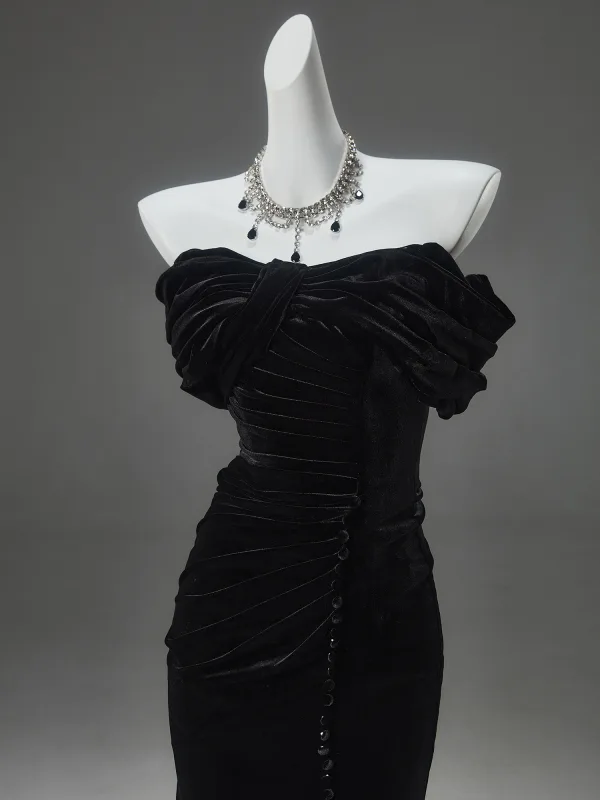 Haut de Gamme Noire Velours Robe De Soirée 2025 Trompette / Sirène Bustier Sans Manches Dos Nu Train De Balayage Soirée Robe De Ceremonie