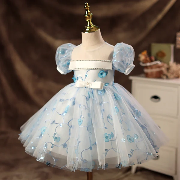 Élégant Bleu Ciel Appliques Perle Paillettes Promo Robe Ceremonie Fille 2022 Robe Boule Encolure Dégagée En Dentelle Gonflée Manches Courtes Longue Robe Ceremonie Fille