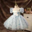 Élégant Bleu Ciel Appliques Perle Paillettes Promo Robe Ceremonie Fille 2022 Robe Boule Encolure Dégagée En Dentelle Gonflée Manches Courtes Longue Robe Ceremonie Fille
