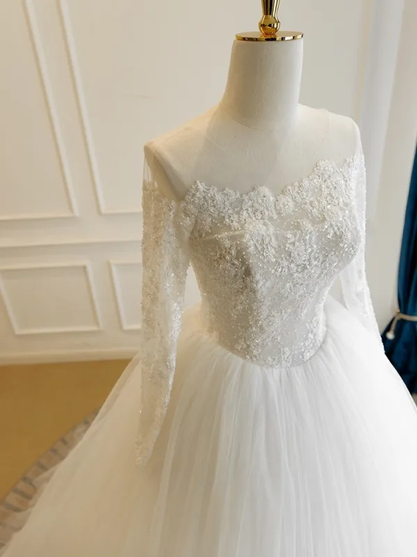 High-end White Handmade Beading Pearl Sequins Lace Flower Wedding Dresses 2026 Ball Gown Off-The-Shoulder Long Sleeve Backless Floor-Length / Long Tulle