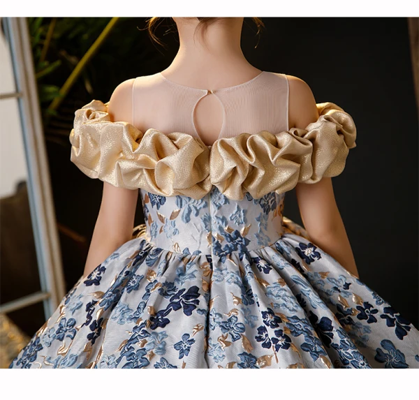 Elegant Sky Blue Printing Birthday Flower Girl Dresses 2024 Ball Gown Scoop Neck Ruffle Short Sleeve Floor-Length / Long