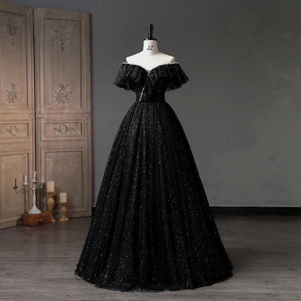 Charming Black Pearl Sequins Prom Dresses 2023 Ball Gown Off-The-Shoulder Short Sleeve Backless Floor-Length / Long Prom Formal Dresses