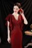 Charming Burgundy Beading Lace Flower Satin Evening Dresses 2022 Trumpet / Mermaid V-Neck Short Sleeve Backless Floor-Length / Long Prom Formal Dresses