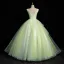 Élégant Vert Cendré Perle En Dentelle Fleur Volants en Cascade Robe De Bal 2023 Robe Boule V-Cou Sans Manches Dos Nu Longue Robe De Ceremonie
