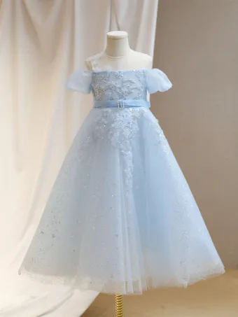 Chic Belle Bleu Ciel Appliques Perlage Perle Paillettes Anniversaire Robe Ceremonie Fille 2024 Princesse Encolure Dégagée Manches Courtes Tulle Longue
