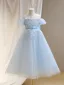 Chic / Beautiful Sky Blue Appliques Beading Pearl Sequins Birthday Flower Girl Dresses 2024 A-Line / Princess Scoop Neck Short Sleeve Tulle Floor-Length / Long
