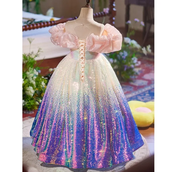 Mode Dégradé De Couleur Paillettes Anniversaire Longue Robe Ceremonie Fille 2025 Robe Boule Encolure Dégagée Manches Courtes Dos Nu