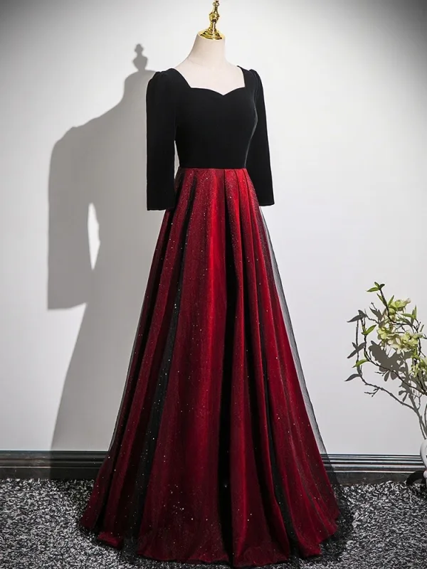 Vintage / Retro Burgundy Glitter Prom Dresses 2025 A-Line / Princess Square Neckline Long Sleeve Backless Floor-Length / Long Prom Formal Dresses