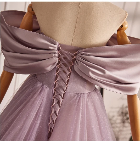 Elegant Lavender Beading Bow Prom Dresses 2024 Ball Gown Off-The-Shoulder Short Sleeve Backless Floor-Length / Long Formal Dresses