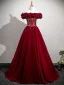 Vintage / Retro Burgundy Velvet Prom Dresses 2025 Ball Gown Ruffle Off-The-Shoulder Short Sleeve Backless Floor-Length / Long Prom Formal Dresses