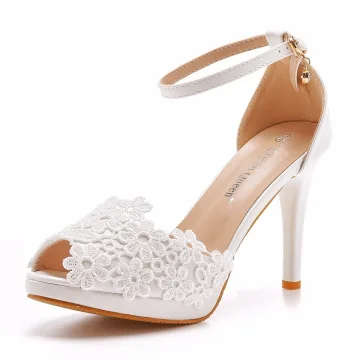 Eleganta Elfenben Spets Blomma Brudskor 2025 10 Cm Stilettklackar Ankelband Peep Toe Bröllop Sandaler Högklackade