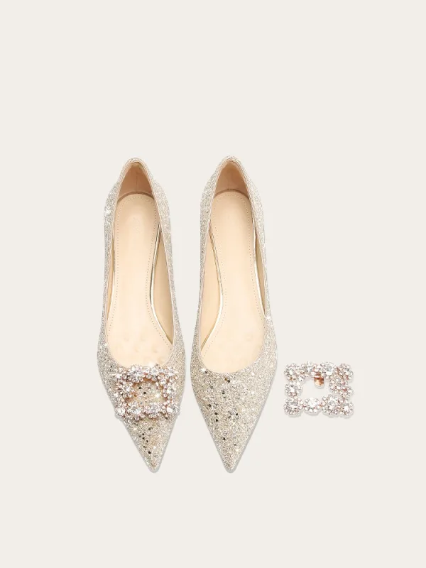 Bling Bling Gold Rhinestone Sequins Flat Wedding Shoes 2024 Pointed Toe Wedding Heels