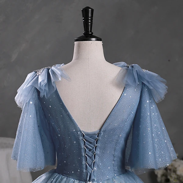 Sparkly Sky Blue Grey Beading Sequins Prom Dresses 2023 Ball Gown V-Neck Short Sleeve Backless Floor-Length / Long Prom Formal Dresses