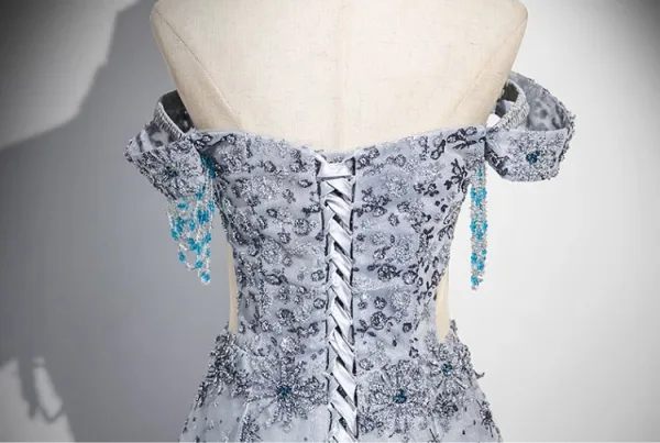 Scintillantes Bleu Ciel Perlage Paillettes Robe De Bal 2025 Princesse De l'épaule Manches Courtes Dos Nu Longue Promo Robe De Ceremonie