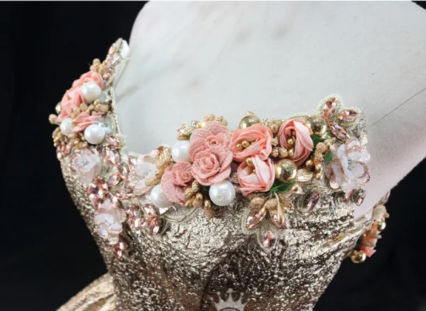 Sparkly Gold Beading Pearl Sequins Appliques Prom Dresses 2024 Ball Gown Strapless Sleeveless Backless Floor-Length / Long Prom Formal Dresses