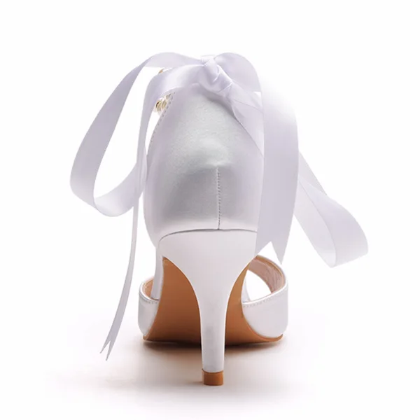 Elegante Weiß Perle Brautschuhe 2024 Knöchelriemen Schleife 7 cm Stilettos Spitzschuh Hochzeit Sandaletten Hochhackige