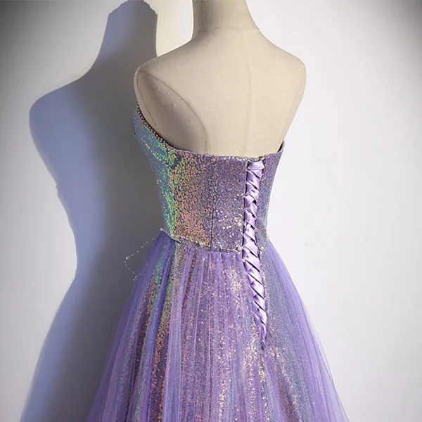 Sparkly Lavender Beading Pearl Sequins Evening Dresses 2022 A-Line / Princess Strapless Sleeveless Backless Floor-Length / Long Evening Party Formal Dresses