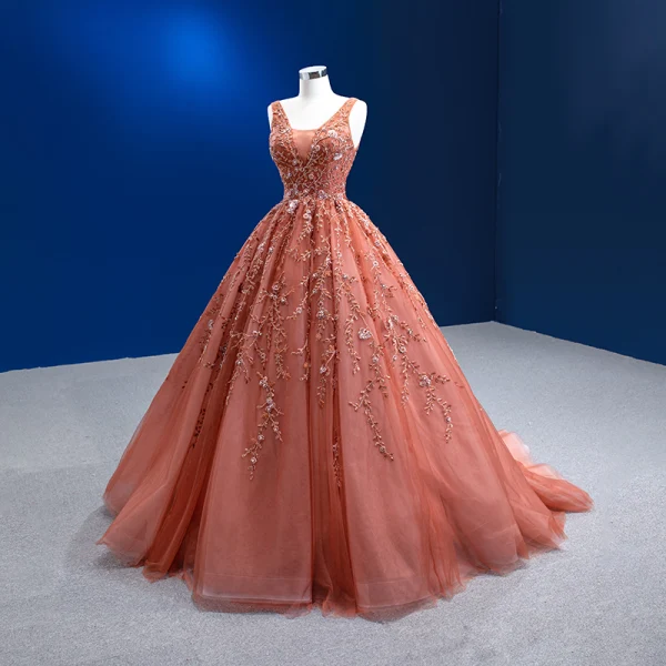 High End Orange Perlenstickerei Pailletten Ballkleider 2022 Ballkleid V-Ausschnitt Ärmellos Rückenfreies Sweep / Pinsel Zug Ball Festliche Kleider